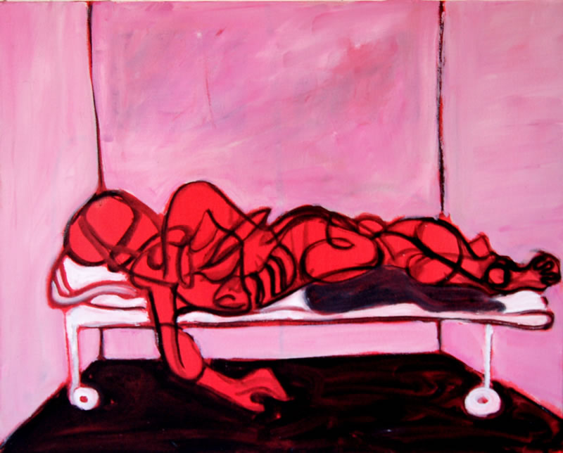 "Red Corpse" painting by Mary Woronov